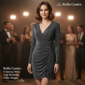 Rolla Coster Medium Black Shimmer Ruched Evening Dress
